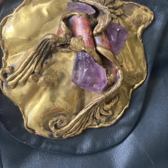 Vintage Copa Collection Brutalist Amethyst Brass Black leather 1970s bag - Picture 2 of 6